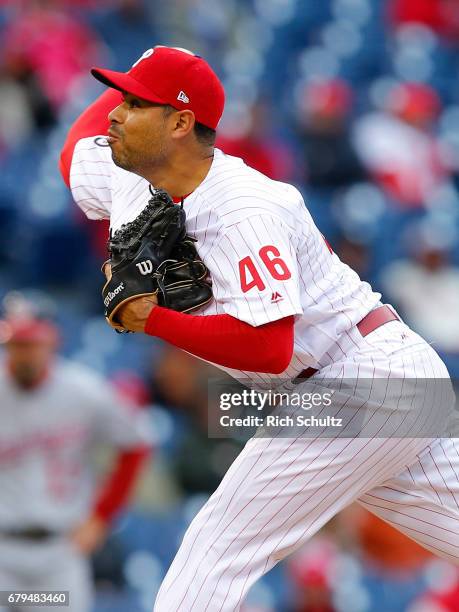 Jeanmar Gomez of the Philadelphia Phillies in action against the Washington Nationals in a game at Citizens Bank Park on April 7, 2017 in...