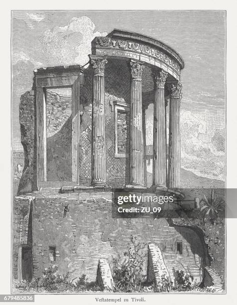 ilustrações de stock, clip art, desenhos animados e ícones de temple of vesta, tivoli, italy, wood engraving, published in 1884 - templo de vesta