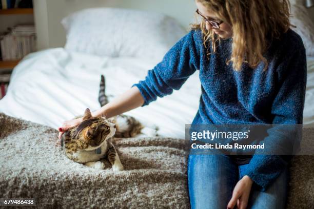 home moments - a girl and her cat sitting on a bed and looking at each other - girls bedroom stock pictures, royalty-free photos & images