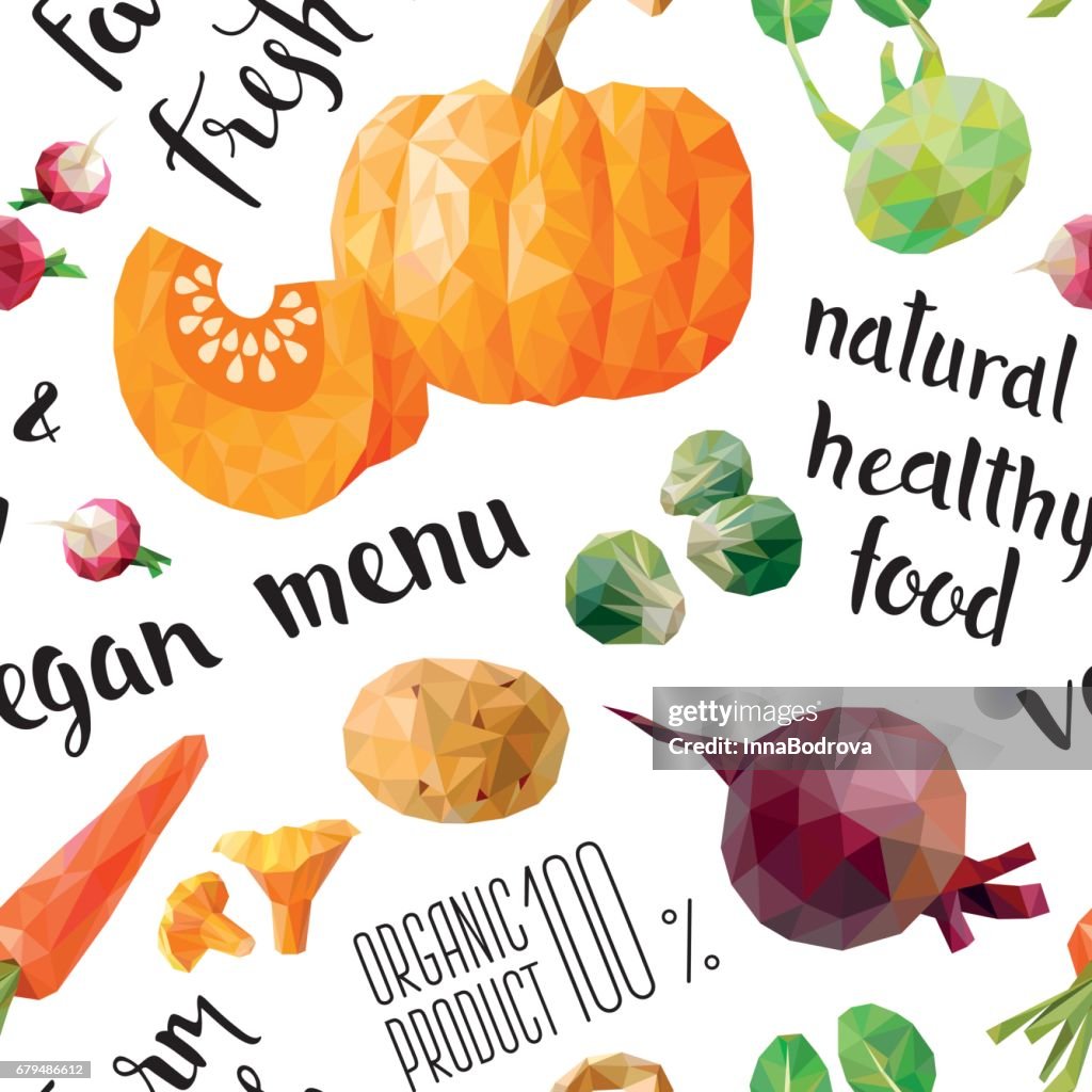 Polygonal Low poly Seamless Pattern of farm vegetables
