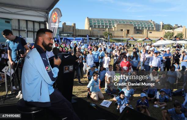 Sydney FC captain Alex Brosque talks to fans during a Sydney FC A-League media opportunity at The Entertainment Quarter on May 6, 2017 in Sydney,...