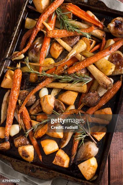 roasted root vegetables - shallot stock pictures, royalty-free photos & images