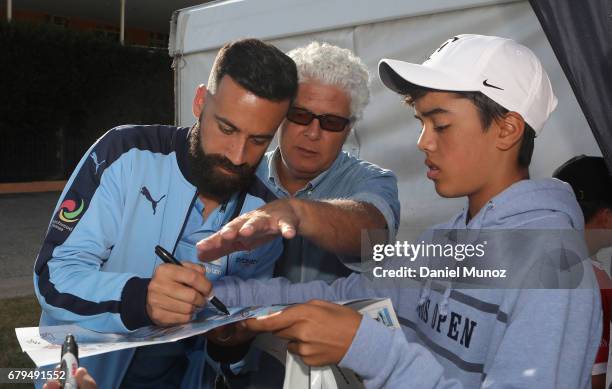 Sydney FC captain Alex Brosque signs autographs during a Sydney FC A-League media opportunity at The Entertainment Quarter on May 6, 2017 in Sydney,...