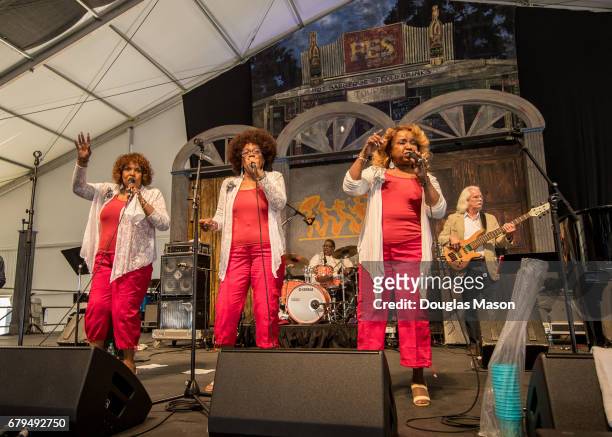 Rosa Hawkins, Joan Johnson and Barbara Hawkins of The Dixie Cups perform during the New Orleans Jazz & Heritage Festival 2017 at Fair Grounds Race...