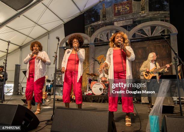 Rosa Hawkins, Joan Johnson and Barbara Hawkins of The Dixie Cups perform during the New Orleans Jazz & Heritage Festival 2017 at Fair Grounds Race...