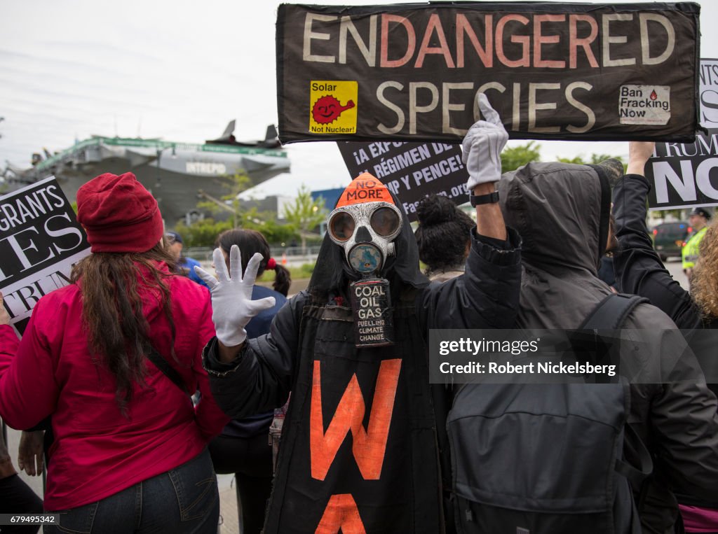 Anti-Trump Protesters Demonstrate In New York As The President Attends Event On Intrepid