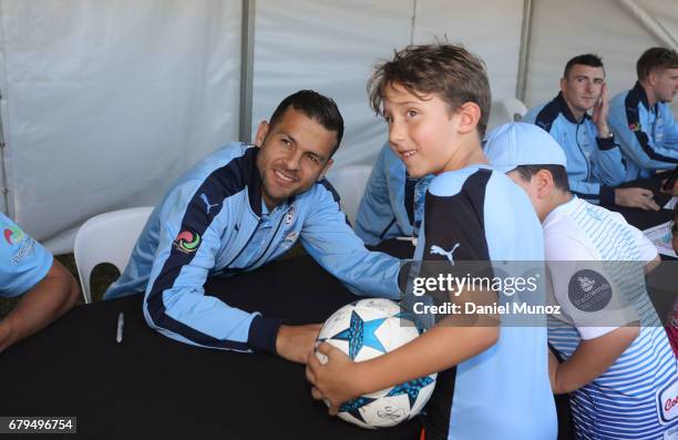 Striker Bobo poses for a picture with fans during a Sydney FC A-League media opportunity at The Entertainment Quarter on May 6, 2017 in Sydney,...