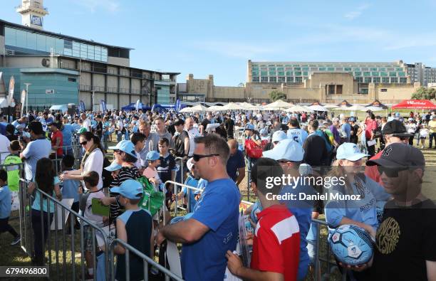 Fans wait in line for autographs during a Sydney FC A-League media opportunity at The Entertainment Quarter on May 6, 2017 in Sydney, Australia.
