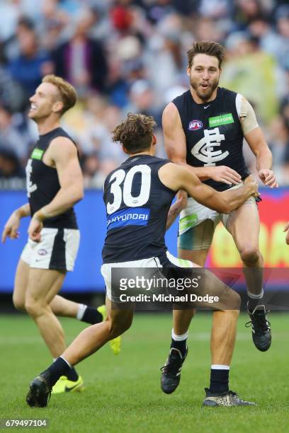Dale Thomas of the Blues celebrates a goal during the round seven AFL match between the Collingwood Magpies and the Carlton Blues at Melbourne...
