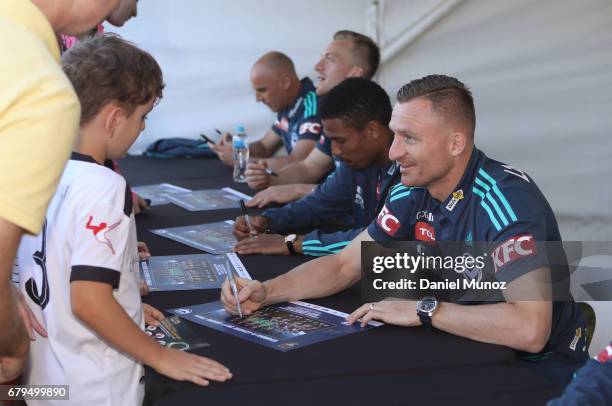 Striker Besart Berisha signs autographs during a Melbourne Victory A-League media opportunity at The Entertainment Quarter on May 6, 2017 in Sydney,...