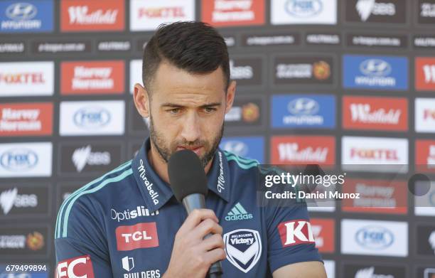 Captain Carl Valeri talks to fans during a Melbourne Victory A-League media opportunity at The Entertainment Quarter on May 6, 2017 in Sydney,...