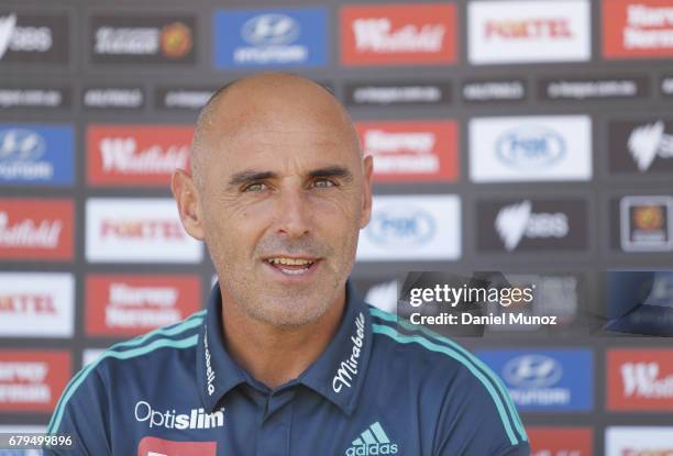 Coach Kevin Muscat talks to fans during a Melbourne Victory A-League media opportunity at The Entertainment Quarter on May 6, 2017 in Sydney,...
