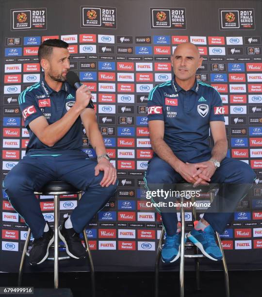 Captain Carl Valeri and Coach Kevin Muscat talk to fans during a Melbourne Victory A-League media opportunity at The Entertainment Quarter on May 6,...