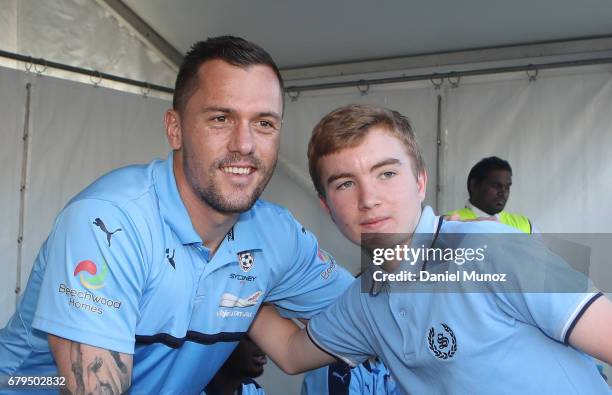 Goalkeeper Danny Vukovic poses for a picture with fans during a Sydney FC A-League media opportunity at The Entertainment Quarter on May 6, 2017 in...