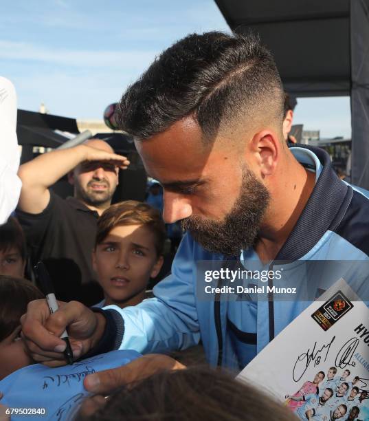Sydney FC captain Alex Brosque signs autographs during a Sydney FC A-League media opportunity at The Entertainment Quarter on May 6, 2017 in Sydney,...