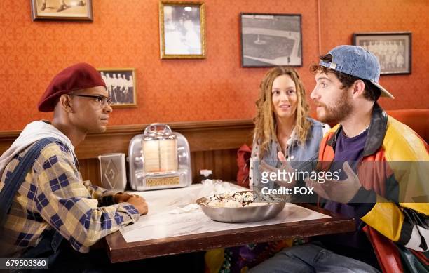 Yassir Lester, Leighton Meester and Adam Pally in the "Chadwick's Angels" episode of MAKING HISTORY airing Sunday, March 26 on FOX.