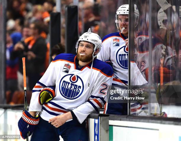 Leon Draisaitl and Connor McDavid of the Edmonton Oilers react as they leave the ice after a 4-3 loss to the Anaheim Ducks during the second overtime...
