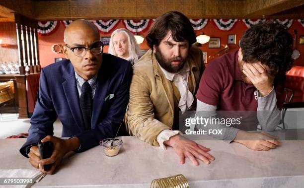 Yassir Lester, Neil Casey, John Gemberling and Adam Pally in the "Night Cream" episode of MAKING HISTORY airing Sunday, April 30 on FOX.