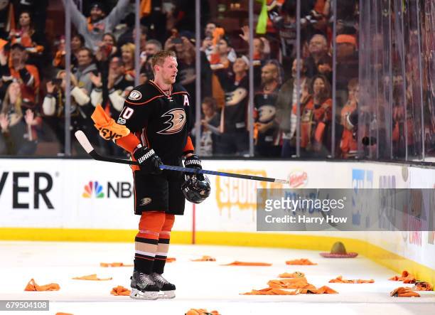 Corey Perry of the Anaheim Ducks skates to the bench after scoring the game winning goal over the Edmonton Oilers during the second overtime period...