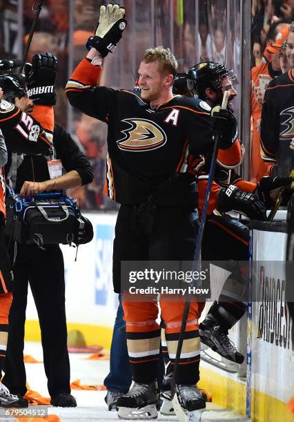 Corey Perry of the Anaheim Ducks celebrates his goal for a 4-3 win over the Edmonton Oilers during the second overtime in Game Five of the Western...