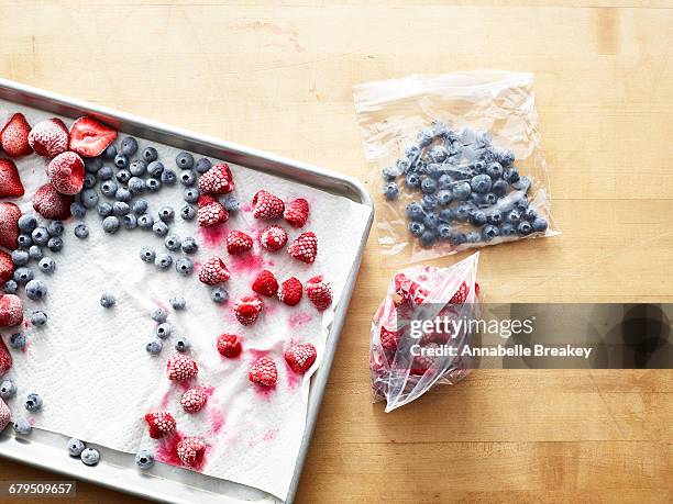 frozen berries on baking sheet and in plastic bags - baking sheet stock pictures, royalty-free photos & images