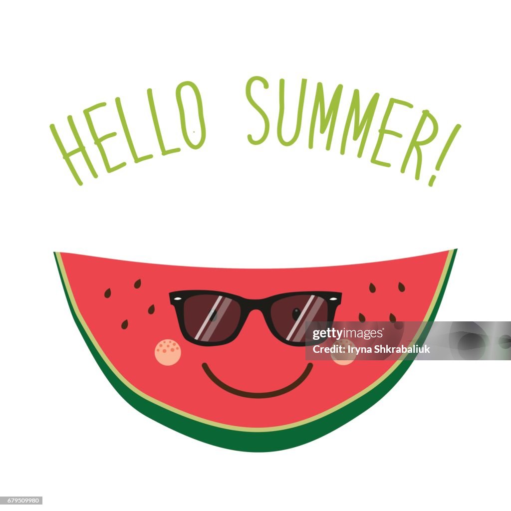 Cute Card Hello Summer As Funny Hand Drawn Cartoon Character Of Watermelon  High-Res Vector Graphic - Getty Images