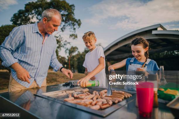 cooking on a bbq in the park - barbecue grill stock pictures, royalty-free photos & images