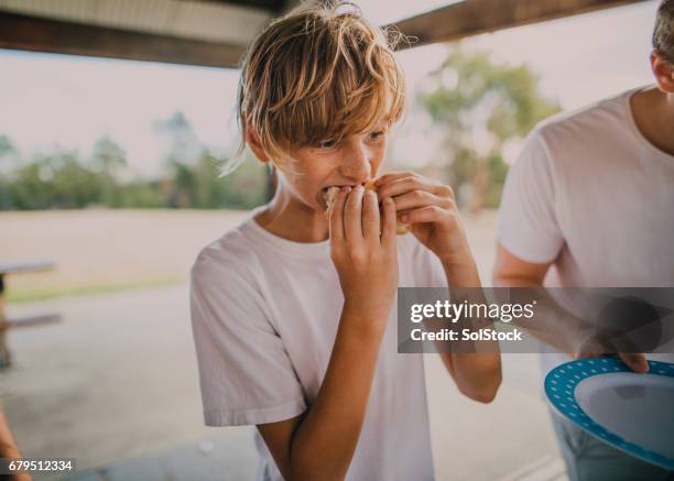 het eten van een hamburger op een bbq - australian bbq stockfoto's en -beelden