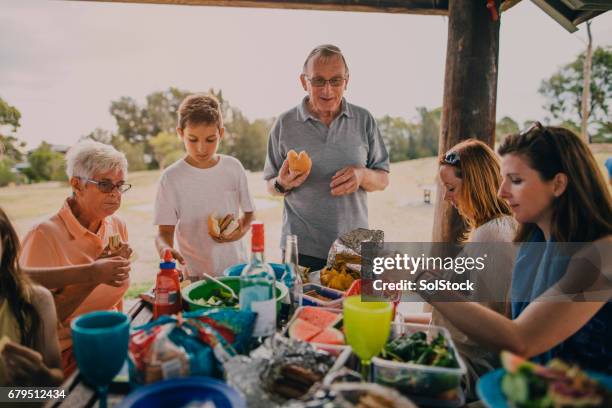 familia disfrutando de una barbacoa en el parque - cultura australiana fotografías e imágenes de stock