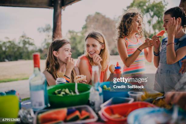 fun at a family bbq - picnic table park stock pictures, royalty-free photos & images