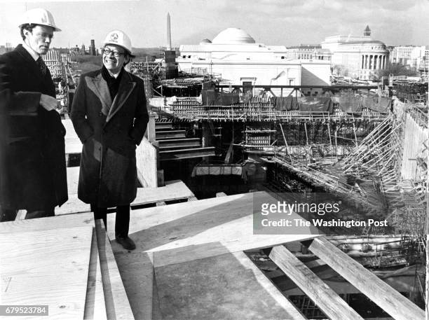 National Gallery of Art director J. Carter Brown, left, with architect I.M. Pei atop the roof of the East building of the National Gallery of Art in...