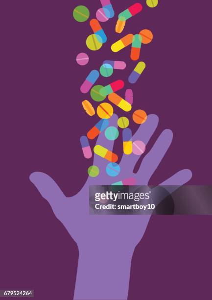 hand reaching for pills - hand pill stock illustrations