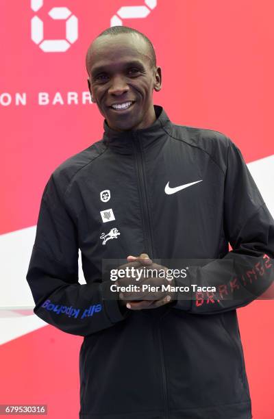 Eliud Kipchoge celebrates the Nike Breaking2: Sub-Two Marathon Attempt at Autodromo di Monza on May 6, 2017 in Monza, Italy.