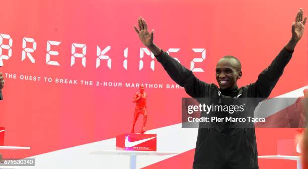 Eliud Kipchoge celebrates the Nike Breaking2: Sub-Two Marathon Attempt at Autodromo di Monza on May 6, 2017 in Monza, Italy.