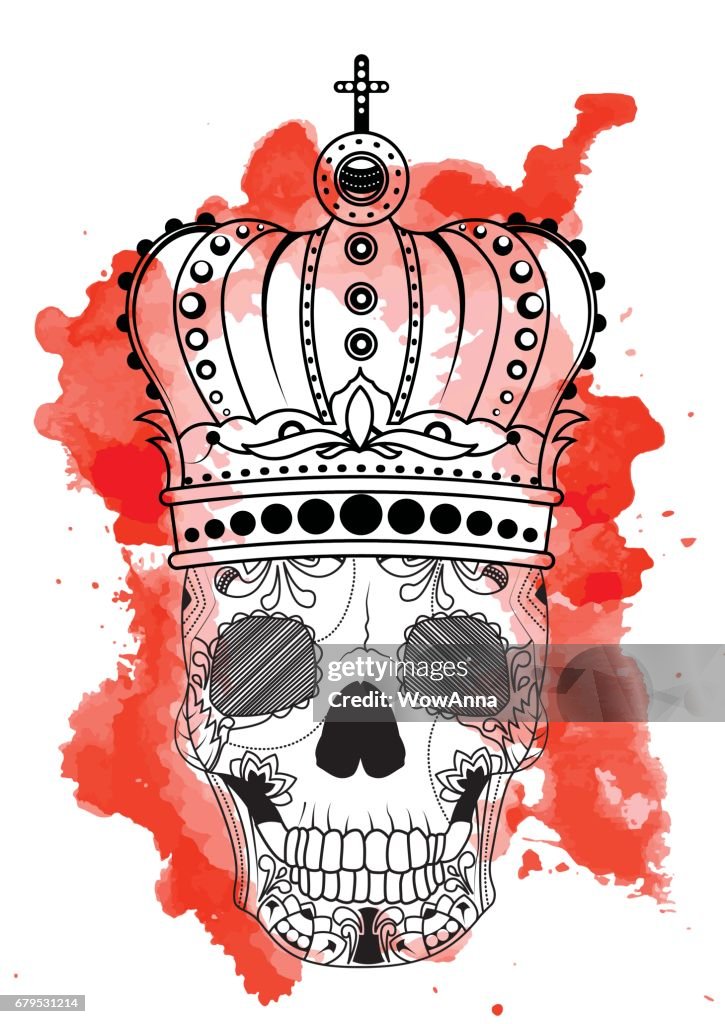 Línea De Mano Arte Dibujo Calavera Negra Con Corona Había Aislado Sobre Fondo Blanco Con Manchas De Acuarela Rojos Estilo De Dudling Tatoo Zenart Para Colorear Para Adultos Ilustración de stock - Línea De Mano Arte Dibujo Calavera Negra Con Corona Había Aislado Sobre Fondo Blanco Con Manchas De Acuarela Rojos Estilo De Dudling Tatoo Zenart Para Colorear Para Adultos Ilustración de stock -