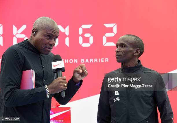 Carl Lewis and Eliud Kipchoge during the final ceremony during the Nike Breaking2: Sub-Two Marathon Attempt at Autodromo di Monza on May 6, 2017 in...