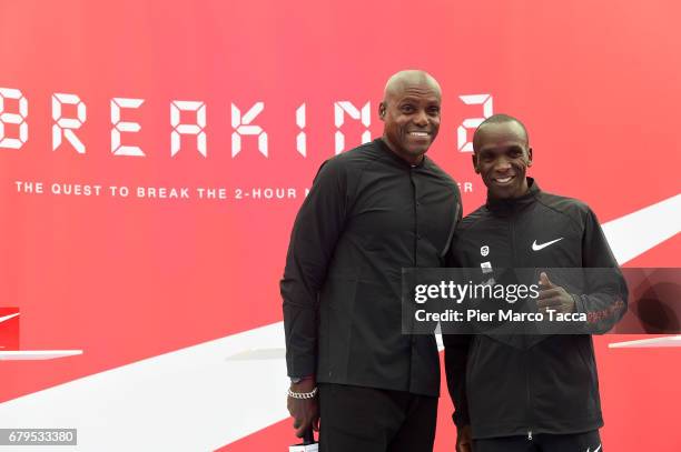 Carl Lewis and Eliud Kipchoge during the final ceremony during the Nike Breaking2: Sub-Two Marathon Attempt at Autodromo di Monza on May 6, 2017 in...