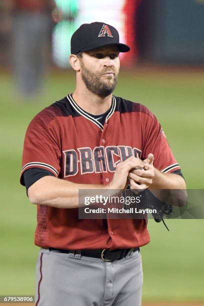 Tom Wilhelmsen of the Arizona Diamondbacks pitches during a baseball game against the Washington Nationals at Nationals Park on May 3, 2017 in...