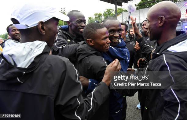 Eliud Kipchoge celebrates the Nike Breaking2: Sub-Two Marathon Attempt at Autodromo di Monza on May 6, 2017 in Monza, Italy.
