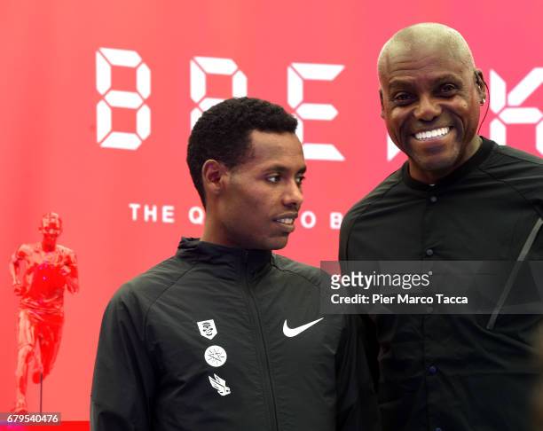 Lelisa Desisa and Carl Lewis pose during final ceremony of the Nike Breaking2: Sub-Two Marathon Attempt at Autodromo di Monza on May 6, 2017 in...