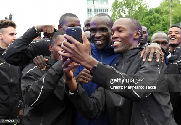 Eliud Kipchoge celebrates the Nike Breaking2: Sub-Two Marathon Attempt at Autodromo di Monza on May 6, 2017 in Monza, Italy.