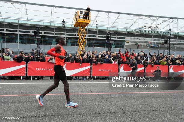 Eliud Kipchoge reacts at the end of the Nike Breaking2: Sub-Two Marathon Attempt at Autodromo di Monza on May 6, 2017 in Monza, Italy.