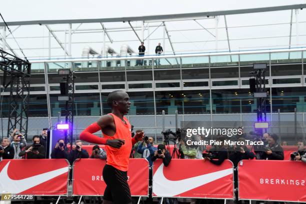 Eliud Kipchoge reacts at the end of the Nike Breaking2: Sub-Two Marathon Attempt at Autodromo di Monza on May 6, 2017 in Monza, Italy.