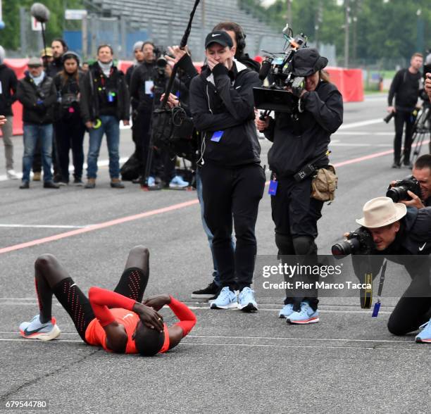 Eliud Kipchoge reacts at the end of the Nike Breaking2: Sub-Two Marathon Attempt at Autodromo di Monza on May 6, 2017 in Monza, Italy.
