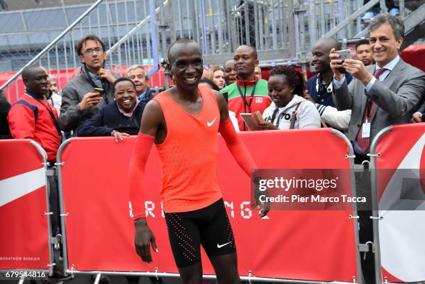 Eliud Kipchoge celebrates the Nike Breaking2: Sub-Two Marathon Attempt at Autodromo di Monza on May 6, 2017 in Monza, Italy.