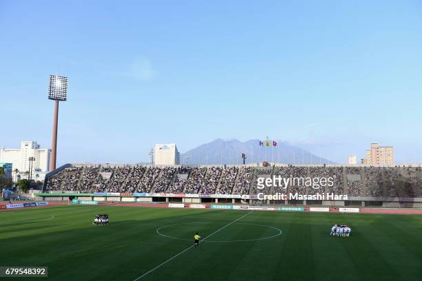 Mount Sakurajima is seen in the background prior to the J.League J3 match between Kagoshima United and Cerezo Osaka U-23 at Kamoike Stadium on May 6,...
