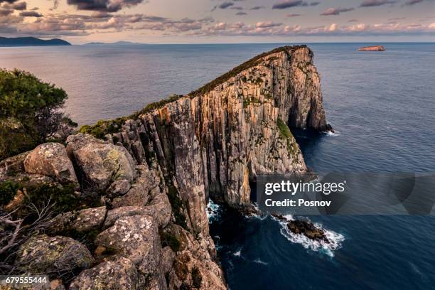 view from the top of cape hauy to totem pole - tasman stock pictures, royalty-free photos & images