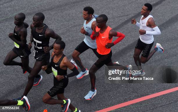 Eliud Kipchoge Zersenay Tadese and Lelisa Desisa run during the Nike Breaking2: Sub-Two Marathon Attempt at Autodromo di Monza on May 6, 2017 in...