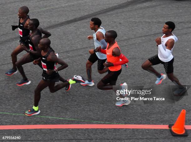 Eliud Kipchoge Zersenay Tadese and Lelisa Desisa run during the Nike Breaking2: Sub-Two Marathon Attempt at Autodromo di Monza on May 6, 2017 in...