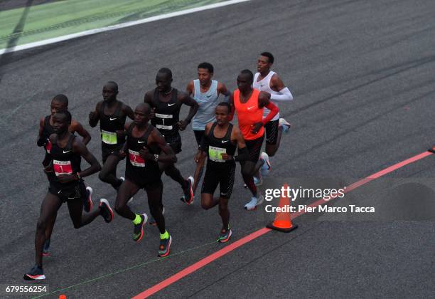 Eliud Kipchoge Zersenay Tadese and Lelisa Desisa run during the Nike Breaking2: Sub-Two Marathon Attempt at Autodromo di Monza on May 6, 2017 in...